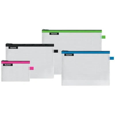 Abbildung von Leitz 4er Set WOW Traveller Zip Beutel, Transparent, Ideal zur Organisation, Wasserabweisend, Größe: S (pink), M (schwarz), L (grün) und die Kosmetiktasche (blau), 40160099