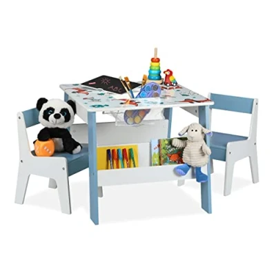 Abbildung von Relaxdays Kindersitzgruppe, Hunde Motiv, Kindertisch Set, 2 Stühle, Kindersitzkombination, mit Stauraum &amp; Tafel, bunt, Hellblau, Weiß, Schwarz