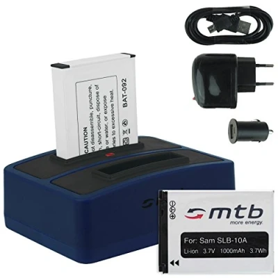 Abbildung von 2X Akku + Dual Ladegerät (Netz+Kfz+USB) für Samsung SLB 10A / Toshiba Camileo X Sports/JVC Adixxion/Silvercrest/Medion Action Cam.. s. Liste