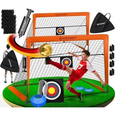 Abbildung von KESSER® Fußballtor Kinder Pop Up 2er Set Fußball Tore Faltbar Mit Glasfaserstangen &amp; hochwertigen Tornetzen für Indoor, Outdoor Garten Transporttasche Hütchen Ballpumpe Zielscheibe Orange