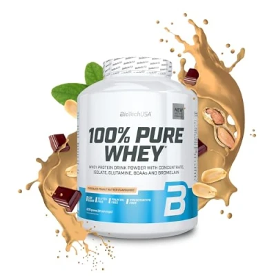 Abbildung von BioTechUSA 100% Pure Whey Proteinpulver mit BCAA und Glutamin Glutenfrei, Palmölfrei 21g Protein pro Portion, 2.27 kg, Schokolade Erdnussbutter