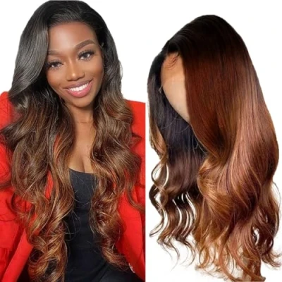 Abbildung von Lakaisa Echthaar Perücke 4X4 Lace Front Wig Glueless Human Hair Wear and Go Body Wave Unprocessed Brazilian Virgin 180% Density Brown Color for Women No Smell 28 Zoll