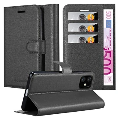 Abbildung von Cadorabo Hülle kompatibel mit Apple iPhone 11 Handyhülle aus Premium Kunst Leder Flip Klappbare Stoßfeste Magnetische [Standfunktion] [Kartenfächern] Cover für Tasche in Schwarz