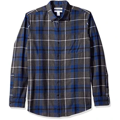 Abbildung von Amazon Essentials Herren Langarmhemd aus Flanell (in Übergröße erhältlich), Blau Dunkelgrau Meliert Karomuster, M