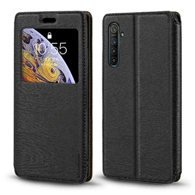 Abbildung von Oppo Realme X2 Hülle, Holzmaserung Leder Hülle mit Kartenhalter und Fenster, Magnetische Flip Cover für XT