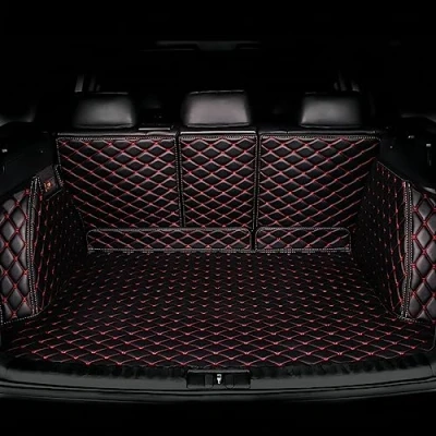 Abbildung von Auto Leder Kofferraummatte für VW Touareg III (CR) 2018 2023, Vollabdeckung Antirutschmatte Wasserdicht Kratzfest Kofferraumschutz, Zubehör,Black Red