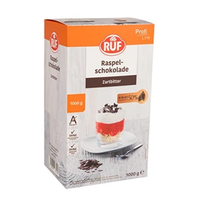 Abbildung von RUF Raspel Schokolade Zartbitter, mind. 50% Kakaoanteil, zum Garnieren von Torten, Gebäck und Eis, Großpackung für den Vorratsschrank, 1x1000g