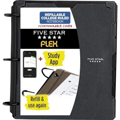 Abbildung von Five Star Flex nachfüllbares Notizbuch + Study App, College liniertes Papier, 2,5 cm TechLock Ringe, Taschen, Tabs und Trennwände, 200 Blatt Kapazität, anpassbarer Einband, Schwarz (29326AA2)