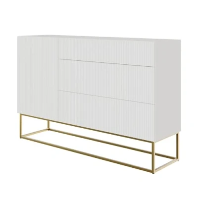 Abbildung von Selsey Kommode Schrank Aufbewahrungsschrank 140 cm Mit 3 Schubladen Und 1 Tür Weiß Goldene Beine Veldio
