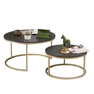 Abbildung von Soayone Couchtisch Rund 2er Set, Schwarz Marmor mit Gold Metallgestell, Beistelltisch Rund, Wohnzimmertisch Modern, Satztische fürs Wohnzimmer Schlafzimmer Balkon