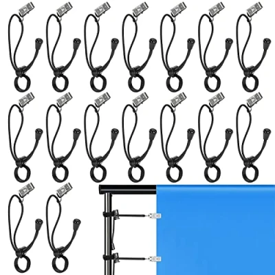 Abbildung von Hintergrund Klammer Halter, 16 Stück Klemmzwingen Set, Fotohintergrund Klammern Clips Fotowand Metallclip mit Einziehbarem Elastischem Seil, für Foto Video Studio Fotografie Hintergründe, Schwarz