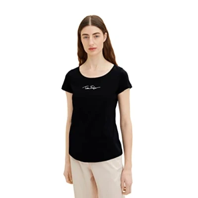 Abbildung von TOM TAILOR Damen 1036192 Basic T Shirt mit Schriftzug, 10668 Sky Captain Blue, L