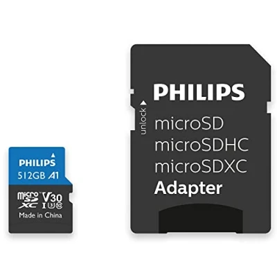 Abbildung von Philips Ultra Pro microSDXC Card 512 GB + SD Adapter UHS I U3, Lesegeschwindigkeit bis zu 100 MB/s, A1 Fast App Performance, V30, Speicherkarte für Smartphones, Tablet, PC, Reader, 4K UHD Video