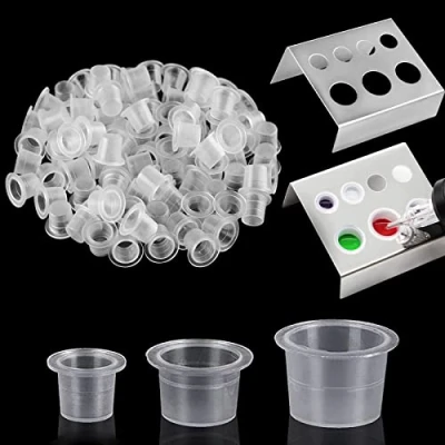 Abbildung von 300pcs Tattoo Farbkappen Cups mit 2 Halterungen Emalla 100 kleine mittlere große Pigmentkappen +2 Halter für Tinte Zubehör