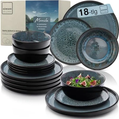 Abbildung von SÄNGER Tafelservice Manila Geschirrset (18 tlg), 6 Personen, Steingut, Blau Schwarz, Handmade, Erweiterbar, VALUE COLLECTION
