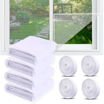 Abbildung von 4 Stück Moskitonetze Fenster, 150x130cm Fliegengitter Fenster mit Rollen Selbstklebend, Zuschneidbar Mückenschutz Unsichtbares Fenstergitter für Schützen die Familie vor Insekten (D CSB 5H)