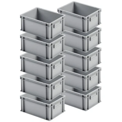 Abbildung von BRB Lagertechnik Stapelbox 10x Eurobehälter mit 2 Griffleisten, LxBxH 400x300x175 mm, grau, Stoßfest, robust und formstabil