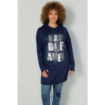 Abbildung von MIAMODA Sweatshirt Long Hoodie Schriftdruck Kapuze Bindeband am Saum.