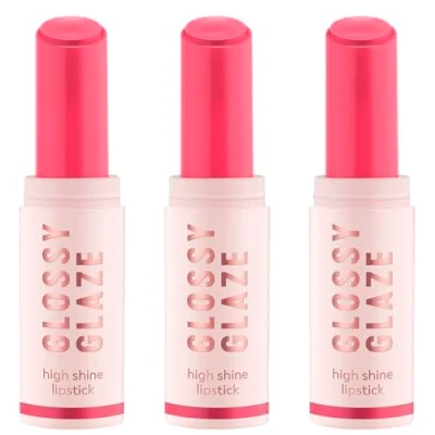 Abbildung von essence GLOSSY GLAZE high shine lipstick, Nr. 03, Pink, hochpigmentiert, glänzend, farbintensiv, vegan, ölfrei, ohne Parabene, Mikroplastikpartikel, 3er Pack (3x1.9g)