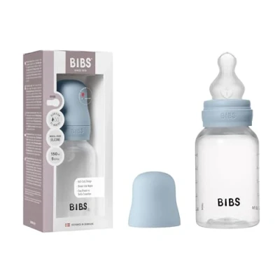 Abbildung von BIBS Babyflasche 150 ml. Sauger aus Silikon Babyflaschenset. Anti Kolik. BPA frei. Langsamem Fluss. leicht und einfach zu reinigen. geeignet für Neugeborene ab 0 Jahren Baby Blue