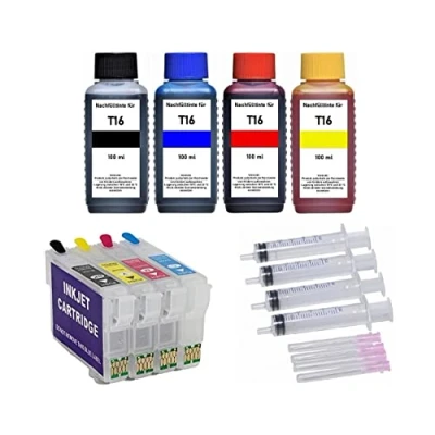Abbildung von Wiederbefüllbare Tintenpatronen kompatibel mit Epson T16 XL Black, Cyan, Magenta, Yellow + 400 ml Nachfülltinte für Workforce WF 2010, 2110, 2510, 2520, 2530, 2540, 2630, 2650, 2660, 2750, 2760