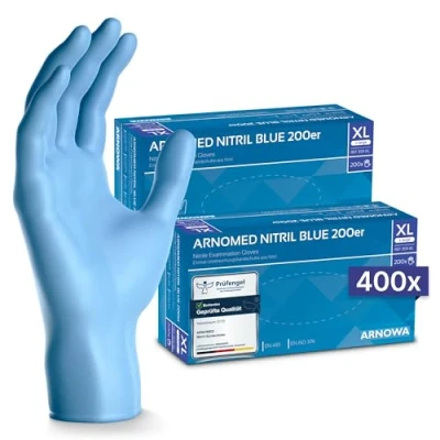 Abbildung von 400x ARNOMED Einweghandschuhe Blau, Einmalhandschuhe XL, Nitrilhandschuhe (2x200 Stk), Handschuhe Einweg puderfrei, Gummihandschuhe Einweg, Nitril, in S, M, L &amp; XL