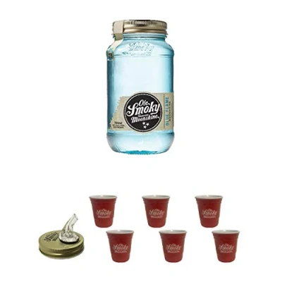 Abbildung von Ole Smoky Moonshine Blue Flame (128 proof) 0,7 Liter MAGNUM + Ausgiesser Shot Becher rot 2 Stück