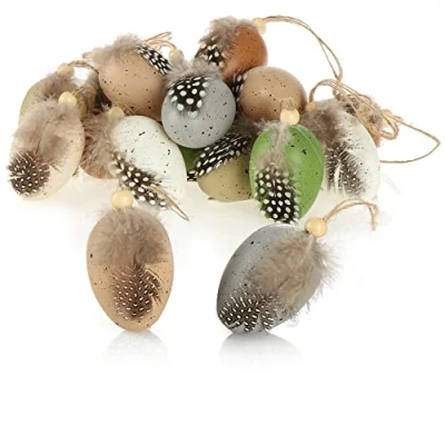 Abbildung von com four® 18x Ostereier zum Anhängen Bunte Osterier mit Feder Hängedeko in Wachtelei Optik für den Osterstrauß
