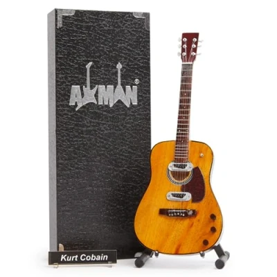 Abbildung von Kurt Cobain Miniatur Gitarren Nachbildung, Musik Geschenk, handgefertigte Dekoration im Maßstab 1:4, mit einer Displaybox, Namensschild und Gitarrenständer