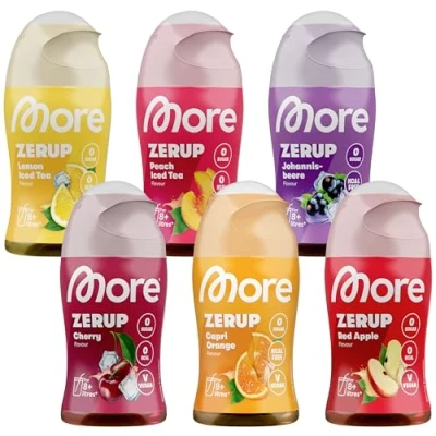 Abbildung von MORE Zerup, mixed 6er Bundle, 6 x 65 ml, verschiedene Sorten, für bis zu 48 l Fertiggetränk, zuckerfreier Sirup mit echten Fruchtextrakten, vegan, zero Kalorien (Sorten können variieren)