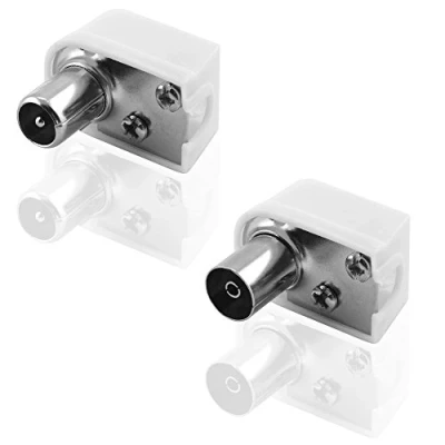 Abbildung von BestPlug 2 Stück Antennen Koax Winkel Stecker, 1 Buchse Kupplung weiblich und Stecker männlich, schraubbar, geeignet für 3D SD HD FullHD UHD 4K, Weiss (verbesserte Ausführung v2.31)