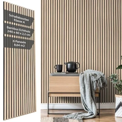 Abbildung von Vereg Akustikpaneele Holz 240x60 I 6er Set 22mm hohe Bambus Paneele, KEIN MDF 3D Wandpaneele mit Filz &amp; Schalldämmung (Klasse A) Wandverkleidung für Wohnzimmer, Gaming und Büro aus Echtholz