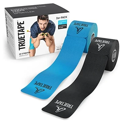 Abbildung von TRUETAPE® Kinesiotape PRO Precut DUO Pack 2 x 20 vorgeschnittene Streifen (25 cm 5 cm) Wasserfeste &amp; Elastische Kinesiotapes Physiotape mit starker Klebekraft für den Sport Blau Schwarz