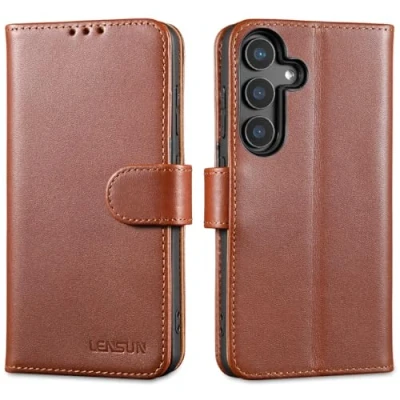 Abbildung von LENSUN Echtleder Hülle für Samsung Galaxy S25, Handyhülle [Echtes Leder] [Standfunktion] [RFID Schutz] Flip Lederhülle Handytasche S25 5G Dunkelbraun