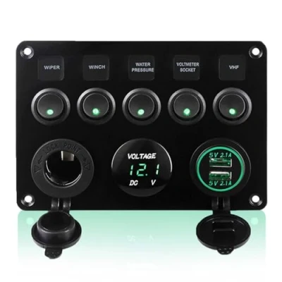 Abbildung von Geloo 5 Gang Schalter Panel, 12V Kippschalter Panel On/Off LED Voltmeter, Dual USB Buchse Ladegerät für Auto Boot Marine RV Truck Camper Fahrzeuge (Grün)