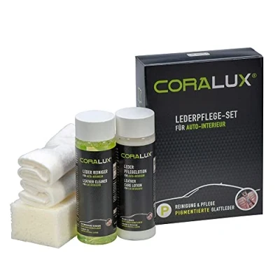 Abbildung von CORALUX 4 teiliges Lederpflege Set für Autoleder, je 200 ml Reiniger und Pflegelotion, Schwamm, Tuch. LCK KERALUX