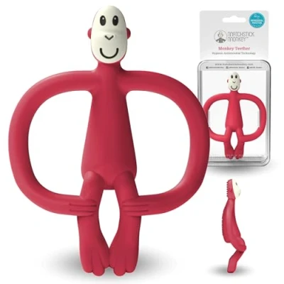 Abbildung von Matchstick Monkey Antimikrobieller Beißring/Zahnungshilfe/Gel Applikator für wundes Zahnfleisch/BPA frei/leicht zu greifen/ab 3 Monaten/Affe weinrot