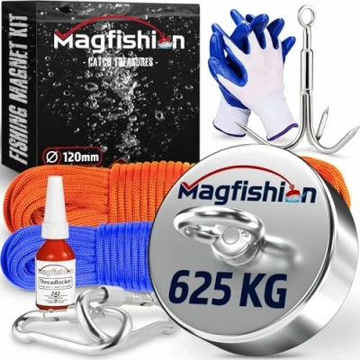 Abbildung von MAGFISHION Magnetfischen Set 625 KG Ø120mm Neodym Magnet mit 2 Seilen, Greifhaken, Handschuhe Fischen Angel Ösenmagnet Fishing Magnetangel Magnetangeln