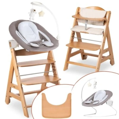 Abbildung von hauck Hochstuhl Beta+ Newborn Set Deluxe Babyhochstuhl ab Geburt mit Neugeborenen Aufsatz Bouncer, Sitzpolster und Essbrett Natural Sand