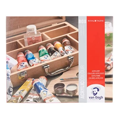 Abbildung von Kreativset Van Gogh Acrylfarben Basic mit 10 Farben in 40 ml Tuben + Zubehör im Holzkasten, (16 tlg), kraftvolle und brillante Farbe, Wasser verdünnbar, kurze Trocknungszeit, Lichtechtheit