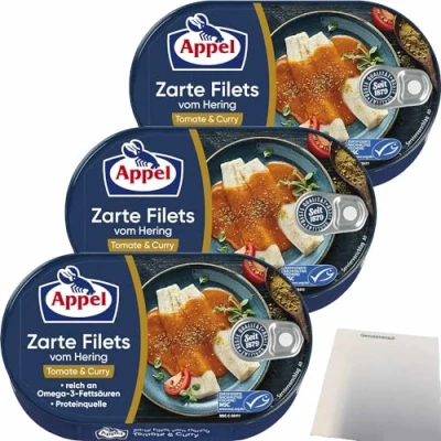 Abbildung von Appel Zarte Filets vom Hering Tomate &amp; Curry 3er Pack (3x200g Dose) + usy Block