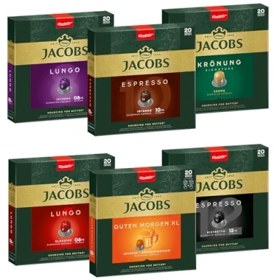 Abbildung von Jacobs Kapseln Vielfaltspaket 120 Nespresso® kompatible Kaffeekapseln aus Aluminium 6 verschiedene Sorten (6 x 20 Kapseln)