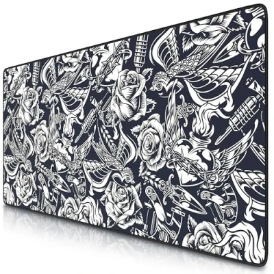 Abbildung von CSL Computer Titanwolf XXL Speed Gaming Mauspad Schwarz 900 x 400mm Mousepad Tischunterlage Large Size verbessert Präzision und Geschwindigkeit Rose Tattoo Design