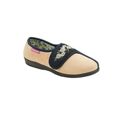 Abbildung von DUNLOP Damen Memory Foam Frottee Hausschuhe Klettverschluss mit Blumen für Senioren (38 EU, Navy Cream)
