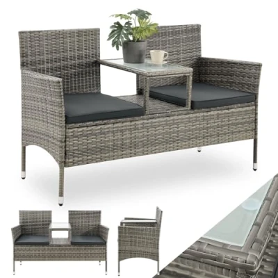 Abbildung von Juskys Balkonset Monaco, Balkonmöbel in Rattan Optik, Polyrattan 2 Sitzer mit Tisch &amp; Kissen