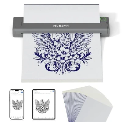 Abbildung von MUNBYN Tattoo Drucker Bluetooth Stencil Printer für Haut Tattoodrucker mit 20 Blatt A4 Transferpapier Thermodrucker Tattoo, Kompatibel Android iOS Mac, ITP05, Grau