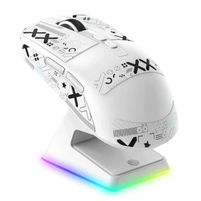 Abbildung von VGN Game Power Attack Shark X6 Superlight Kabellose Gaming Maus mit RGB Ladestation, 49g Ultraleicht Mouse, PixArt PAW3395 Sensor, 26000DPI, 2.4G/BT/Kabelgebunden, Griptape Set, G502, PC/Mac, Weiß