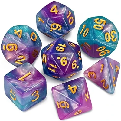 Abbildung von QMAY DND Dice Polyedrisches Würfel Set 7 Stück für Dungeon und Dragons MTG RPG D&amp;D D20, D12, D10, D%, D8, D6, D4 (Lake Blue Mix Violett+Glitter)