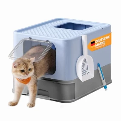 Abbildung von Feandrea Katzenklo, Katzentoilette, mit Deckel, ausziehbares Tablett, geräumig für Katzen bis 15 kg, weniger Spuren, auslaufsicherer Boden, blassblau Taubengrau PPT001Q01