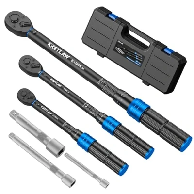 Abbildung von KRETLAW Drehmomentschlüssel 1/2&quot; &amp; 3/8&quot; 1/4&quot;, 6tlg Umschaltknarre Set, 20 220Nm,5 60Nm,5 25Nm mit ±3% 72 Zähne Ratschenkopf, 3 Verlängerungen für Fahrrad, Motorrad